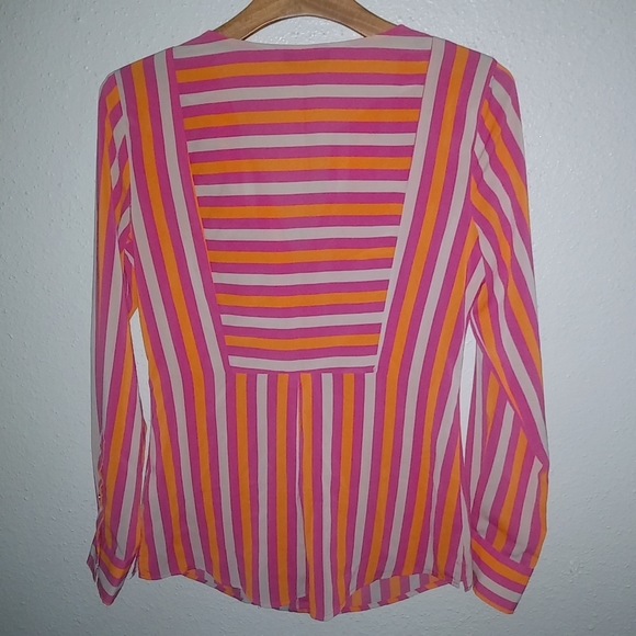 bebe S Summer Striped Long Sleeved Top Bright Orange Pink - Picture 7 of 8